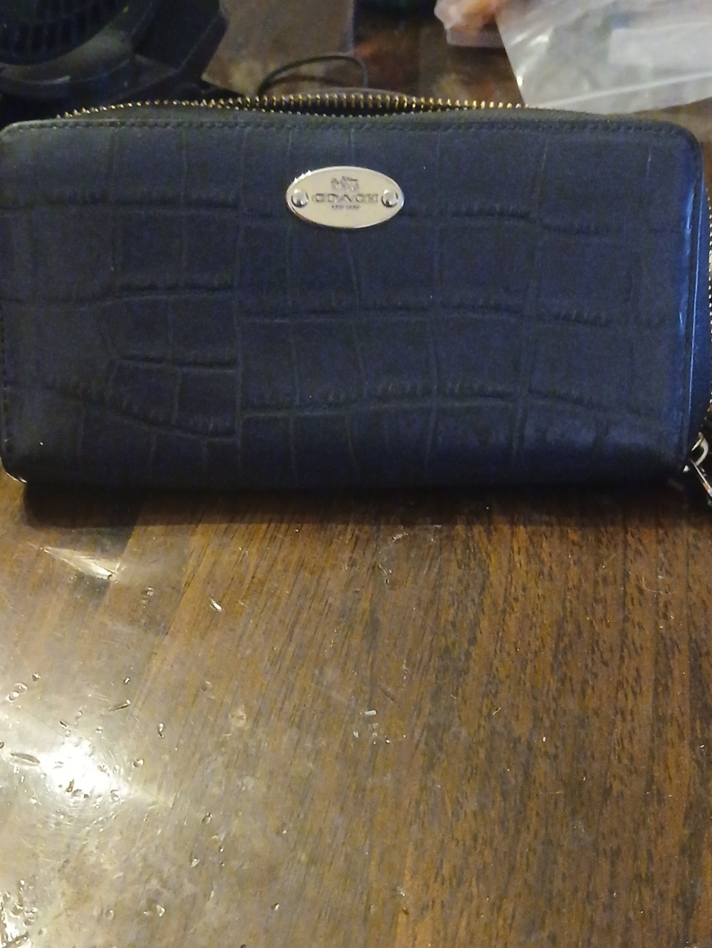 Coach Black Croc-Embossed Zip Around Wallet with Metal Logo Excellent Conditio